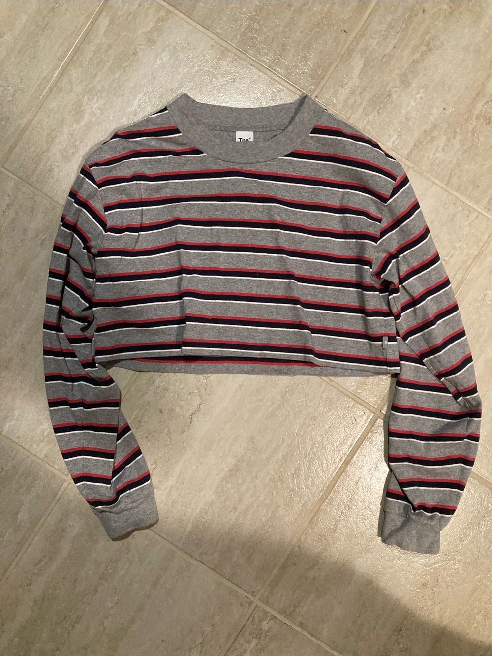 TNA Cropped Crewneck Sweater in Gray with Red & Black Stripes
